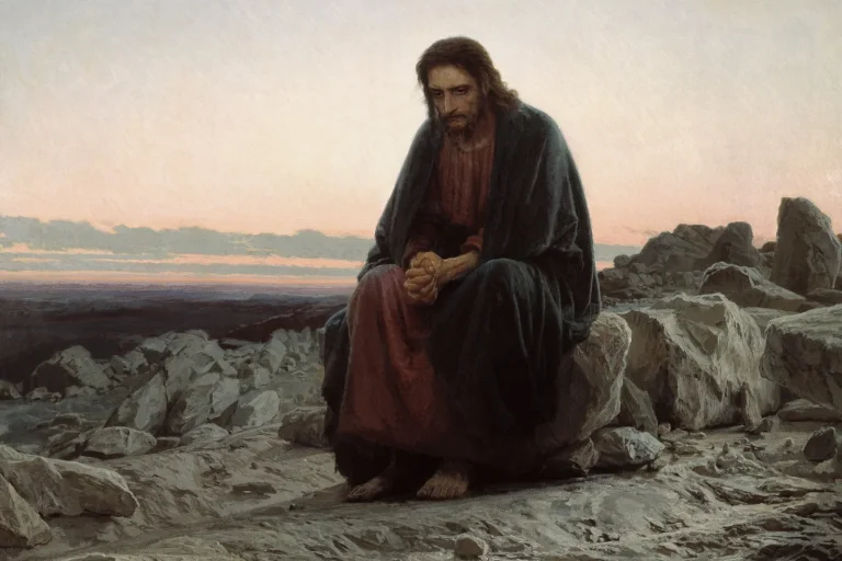 Painting of Jesus sitting alone on a rock in a barren desert at dawn, hands clasped