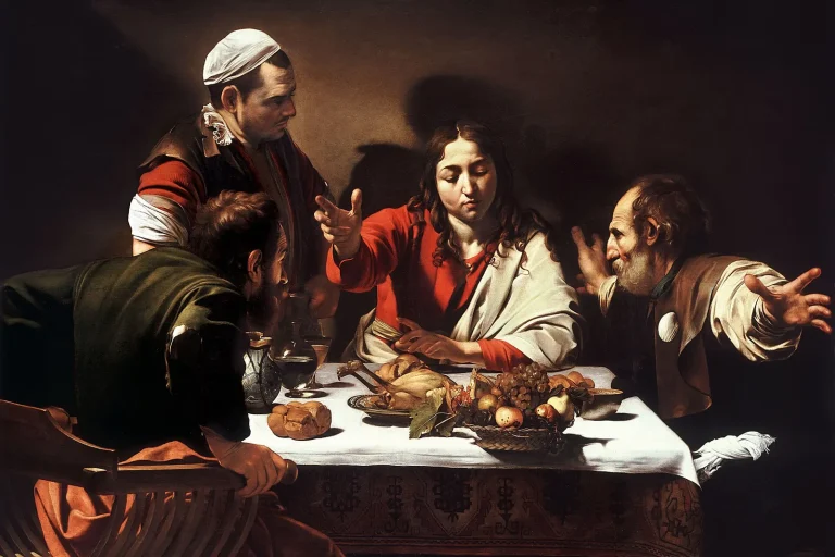 Painting of the risen Jesus blessing bread at a table as two disciples react in amazement
