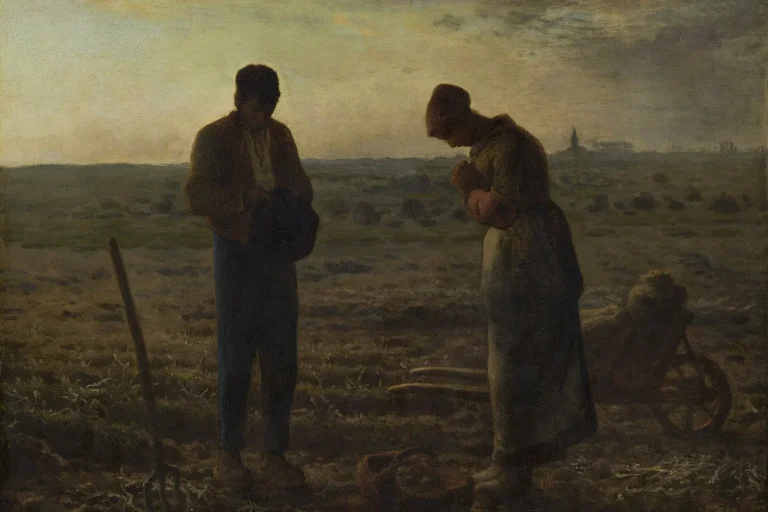 Painting of a farmer and his wife pausing to pray in a field at sunset