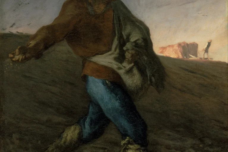 Painting of a farmer striding down a hillside scattering seed at dusk