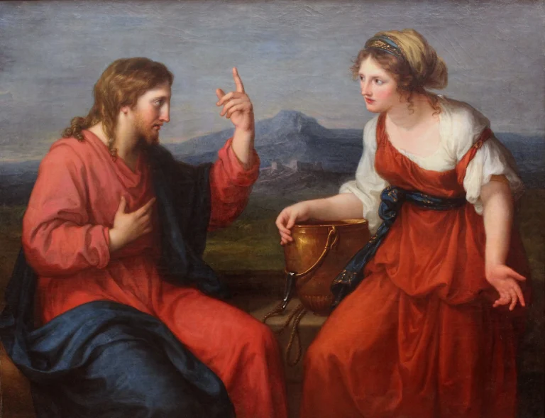Painting of Jesus sitting by a well talking with a Samaritan woman holding a water jar