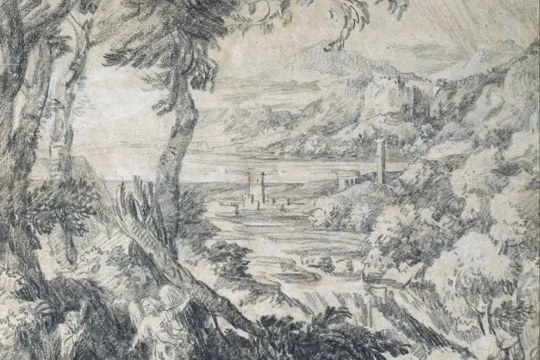 Landscape painting of the prophet Elijah with an angel on the slopes of Mount Horeb