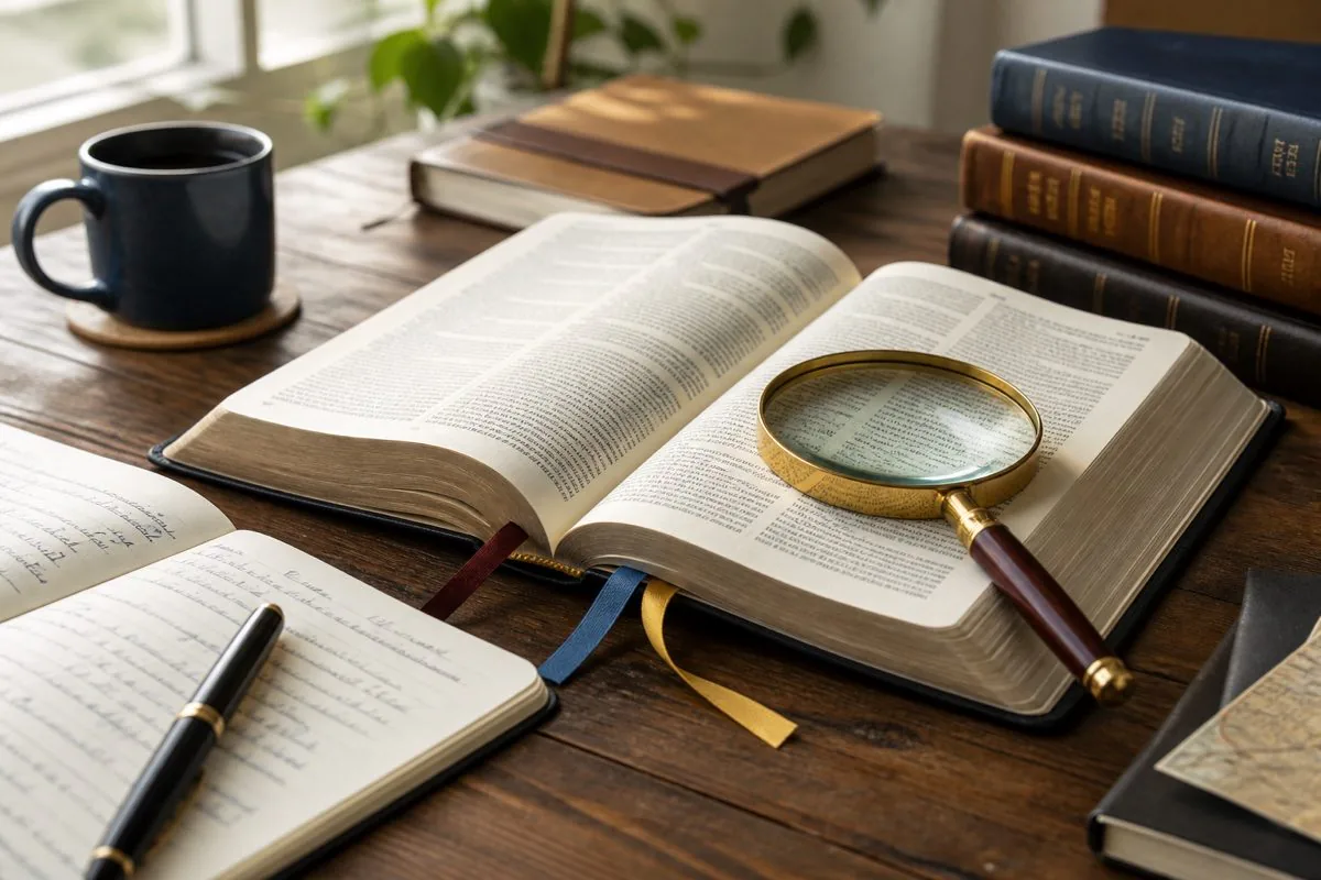 An open Bible with a magnifying glass, study notes, and reference books