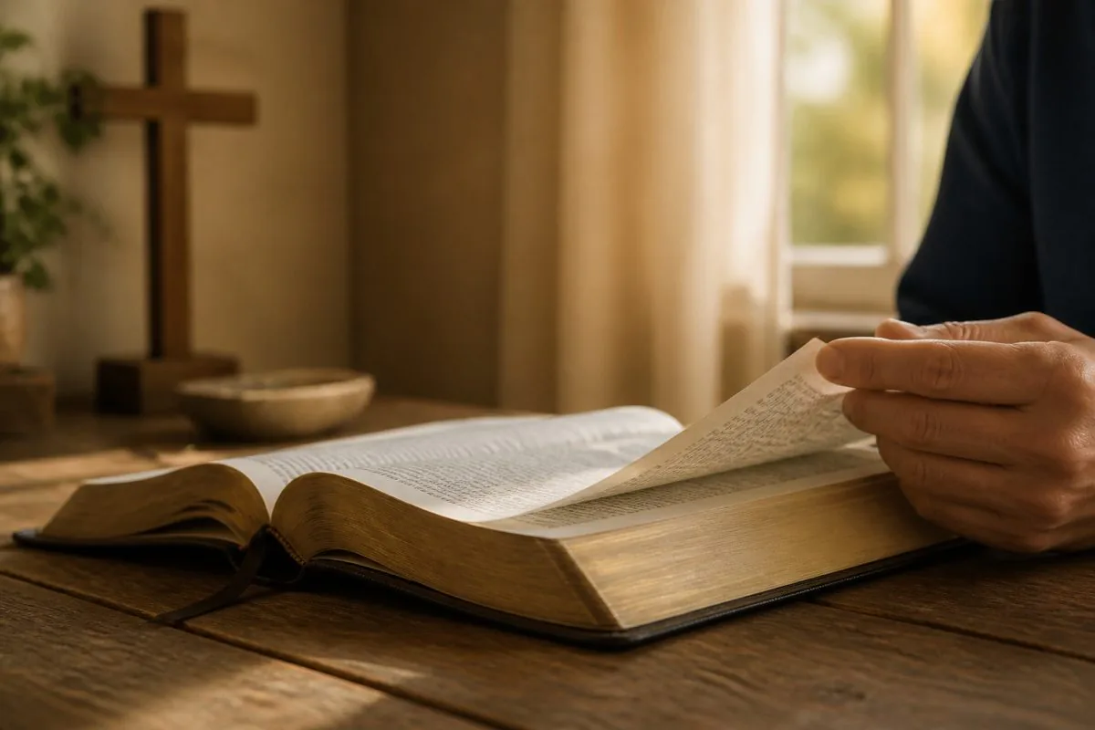A reader turning a Bible page with a simple wooden cross in the background
