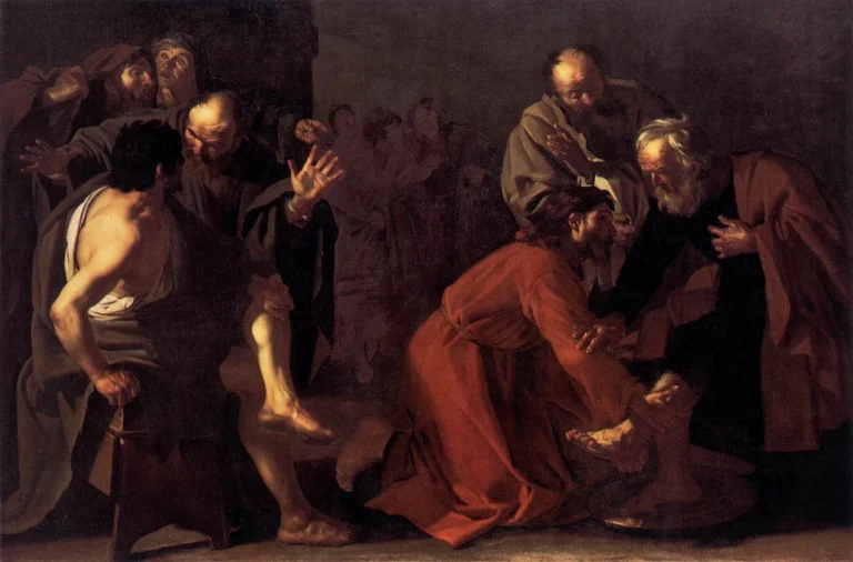 Painting of Jesus kneeling to wash Peter’s feet while other disciples look on