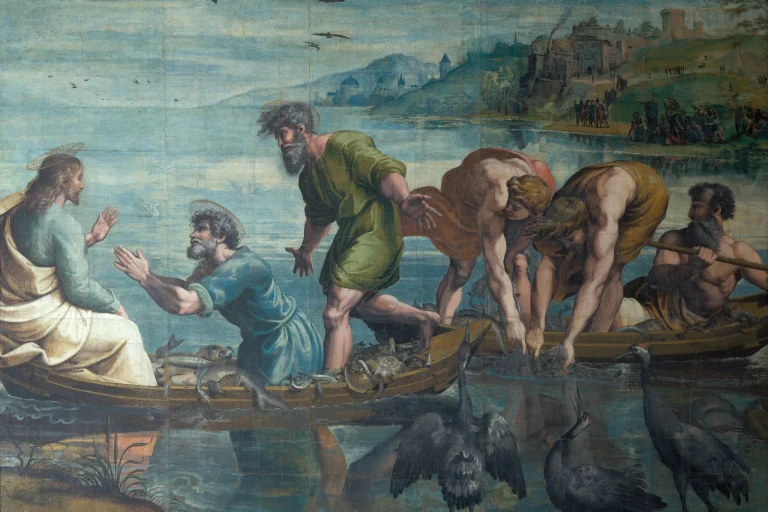 Painting of Peter kneeling before Jesus in a boat full of fish while fishermen haul nets