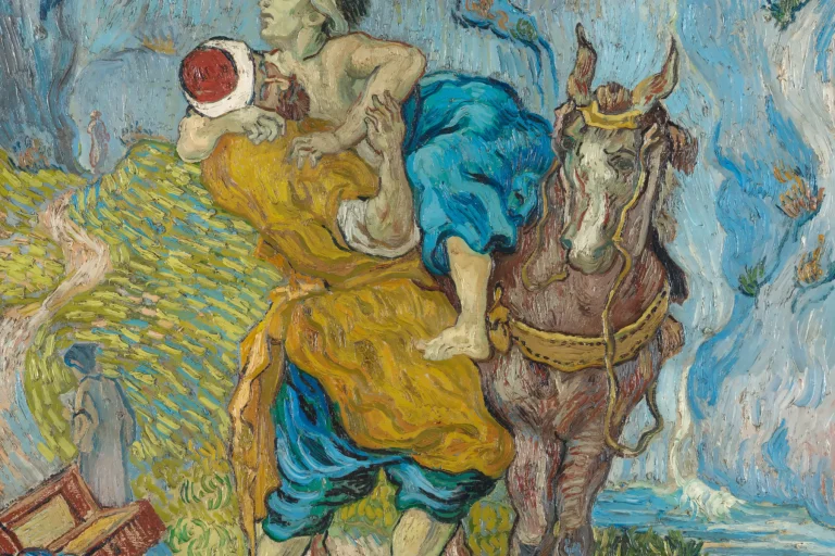 Painting of the Good Samaritan lifting a wounded man onto his horse on a winding road