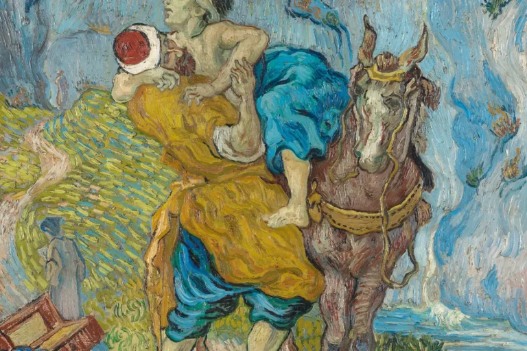 Painting of the Good Samaritan lifting a wounded man onto his horse on a winding road