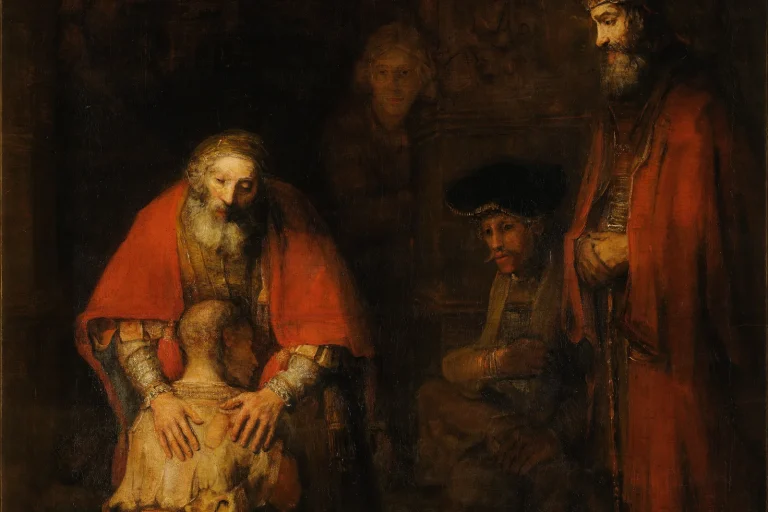 Rembrandt painting of the father embracing his kneeling, returned son in ragged clothes