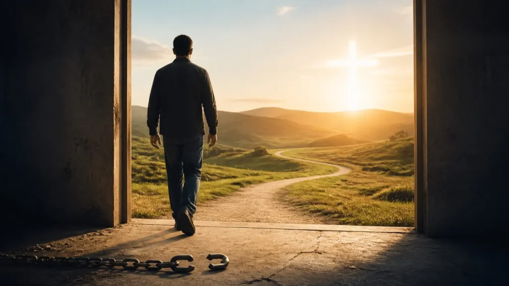 An unfiltered testimony of freedom: a man leaving broken chains behind and walking from darkness into light toward a cross.
