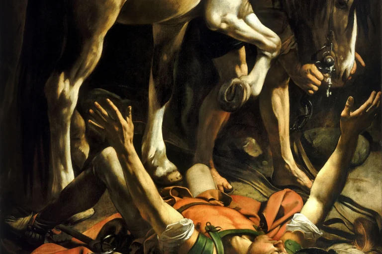 Painting of Saul lying on the ground with arms raised beneath a horse, struck by light