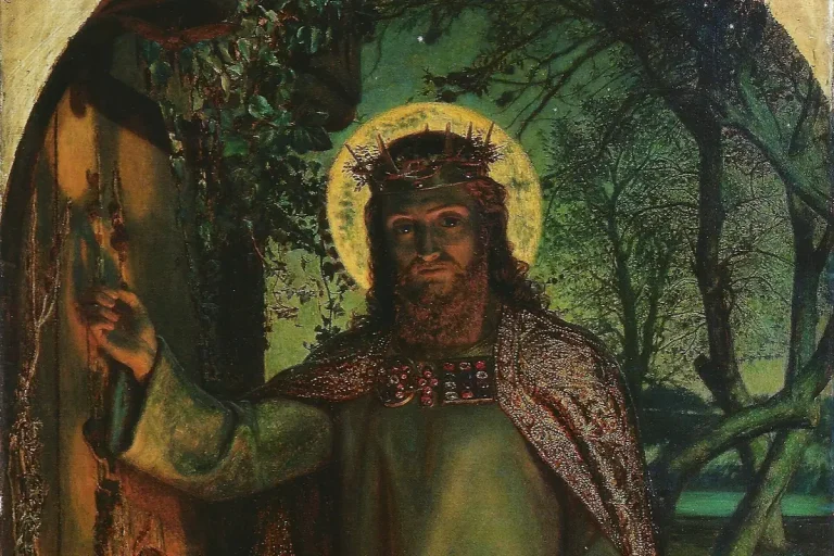 Painting of Jesus holding a lantern and knocking on an overgrown wooden door at night