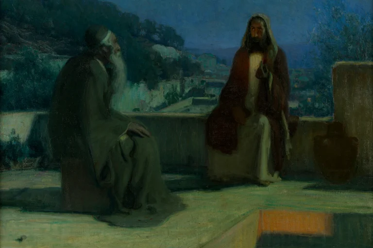 Painting of Nicodemus sitting with Jesus on a moonlit rooftop at night