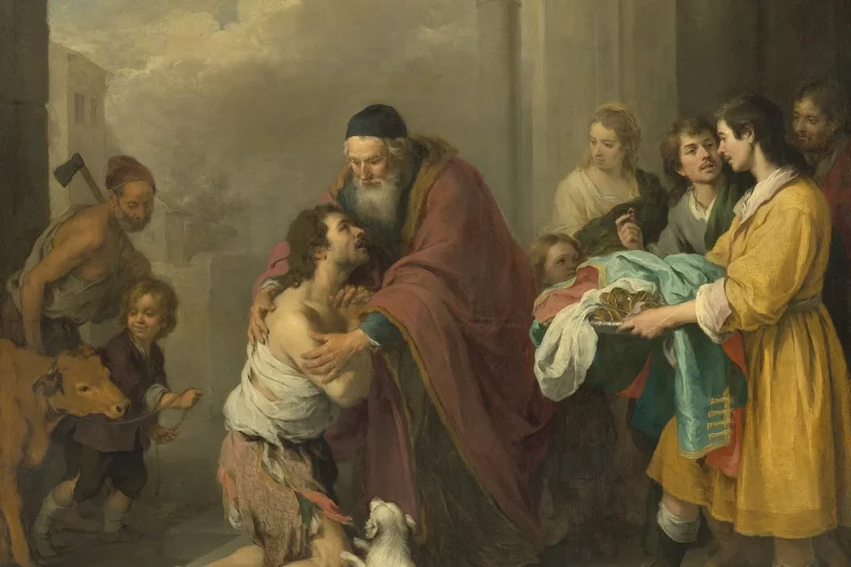 Painting of a father embracing his returning prodigal son while servants bring a robe