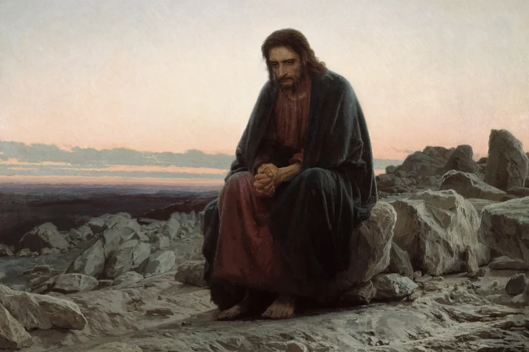 Painting of Jesus sitting alone on a rock in a stony desert at dawn, hands clasped