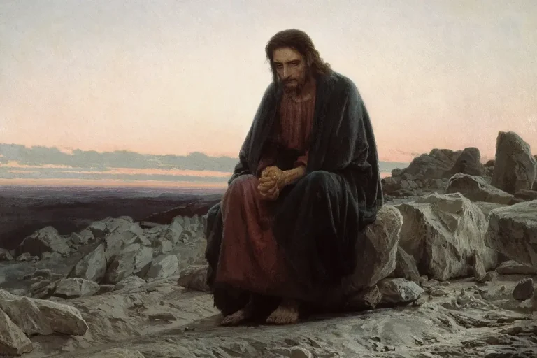 Painting of Jesus sitting alone on a rock in a stony desert at dawn, hands clasped