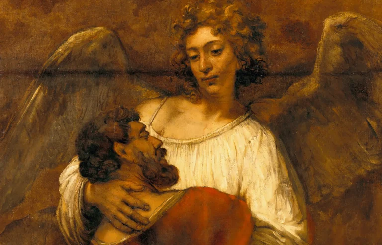 Painting of Jacob holding on to an angel who gently embraces him