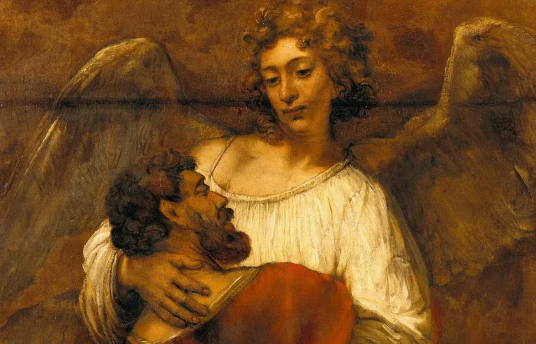 Painting of Jacob holding on to an angel who gently embraces him