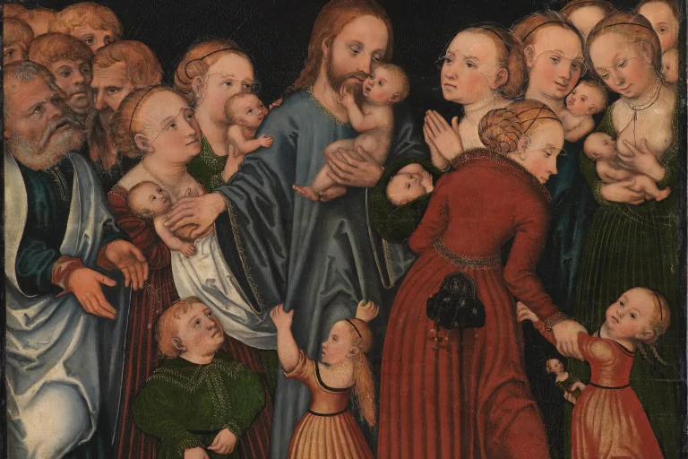 Painting of Jesus blessing children as mothers hold their babies up to Him
