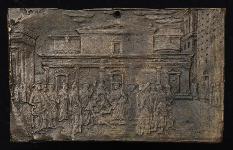 Relief of Christ healing a possessed boy surrounded by a crowd, follower of Brunelleschi and Masaccio, 15th century