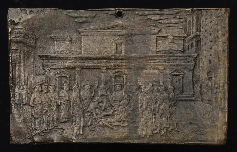 Relief of Christ healing a possessed boy surrounded by a crowd, follower of Brunelleschi and Masaccio, 15th century