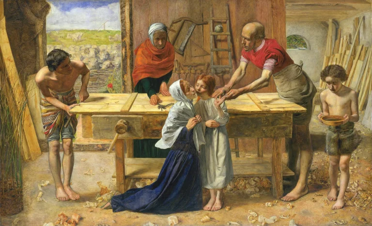 Painting of the boy Jesus in Joseph’s carpentry workshop with Mary and family