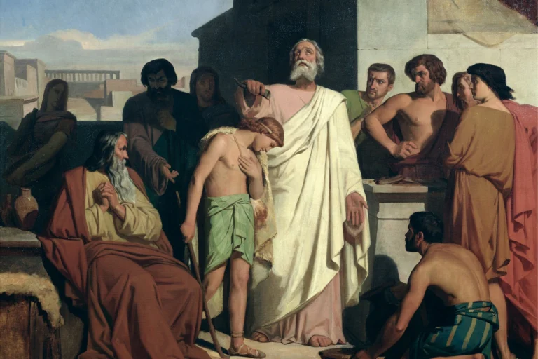 Painting of the prophet Samuel anointing young David with oil before his family