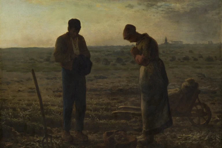 Painting of a farmer and his wife standing with bowed heads in prayer in a field at dusk