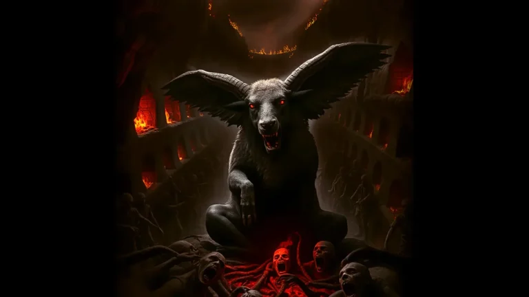 Satan looking like a black sheep with a wolf head and wings in hell