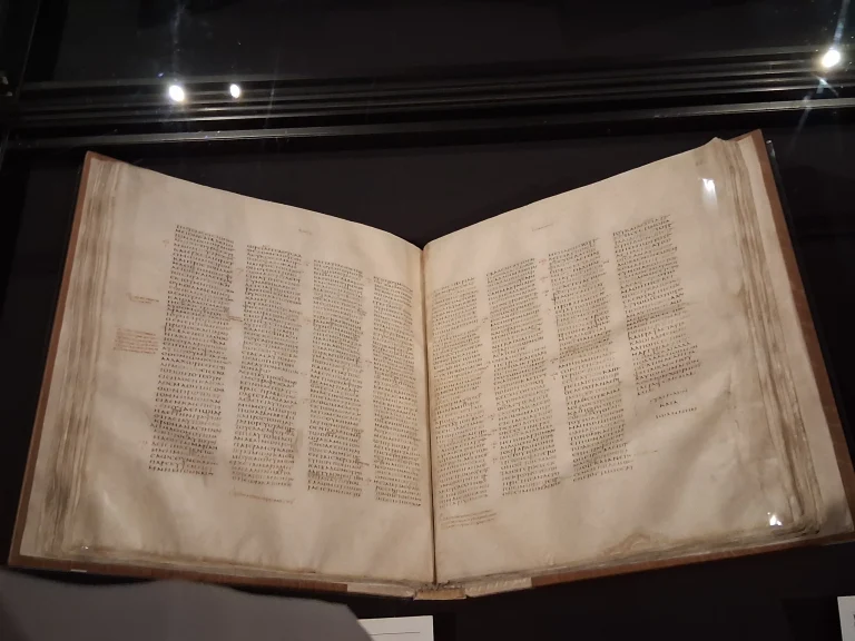 Pages of the ancient Greek Codex Sinaiticus manuscript in a display case at the British Library