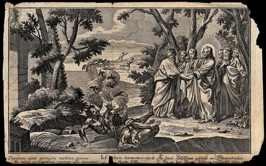 Old engraving of Jesus casting demons out of two men while a herd of pigs runs off a cliff