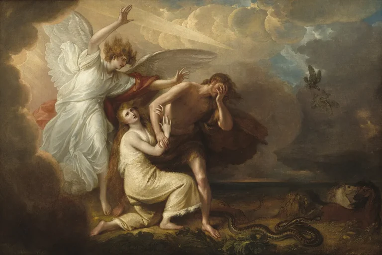Painting of an angel driving Adam and Eve out of the Garden of Eden