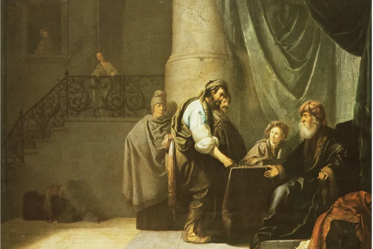 Dutch painting of a master counting coins at a table while his servants give account