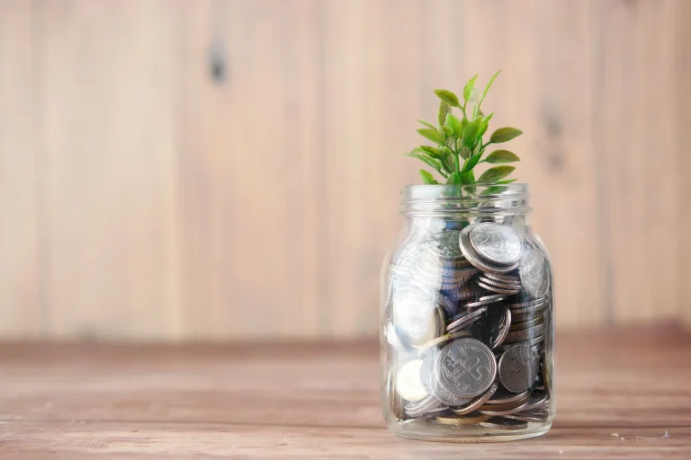 A glass jar of coins with a young plant growing from it
