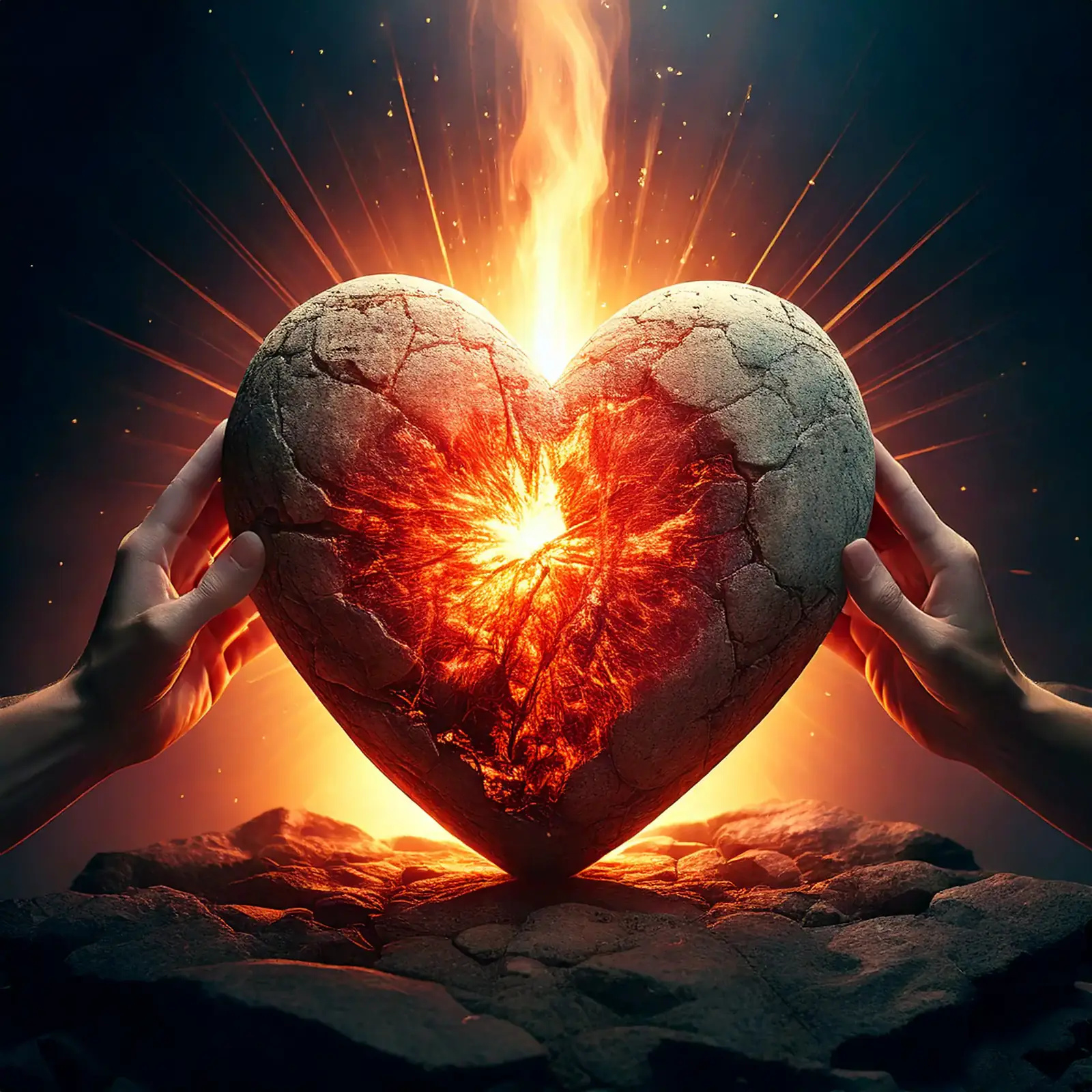 A stone heart being turned into a flesh heart by the light and love of God.jpg