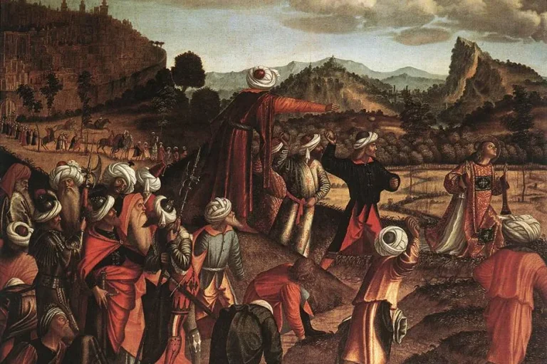 Renaissance painting of a crowd in turbans stoning Stephen, who kneels praying on a hillside