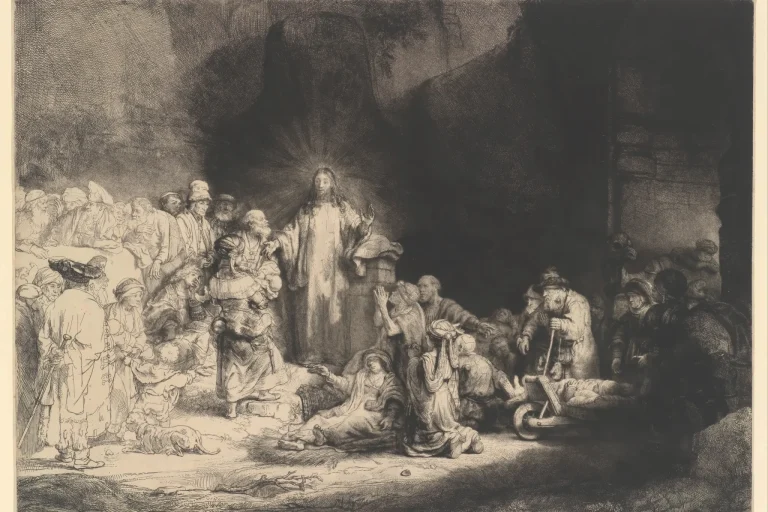 Etching of Jesus standing in radiant light among a crowd as the sick are brought to Him and onlookers watch