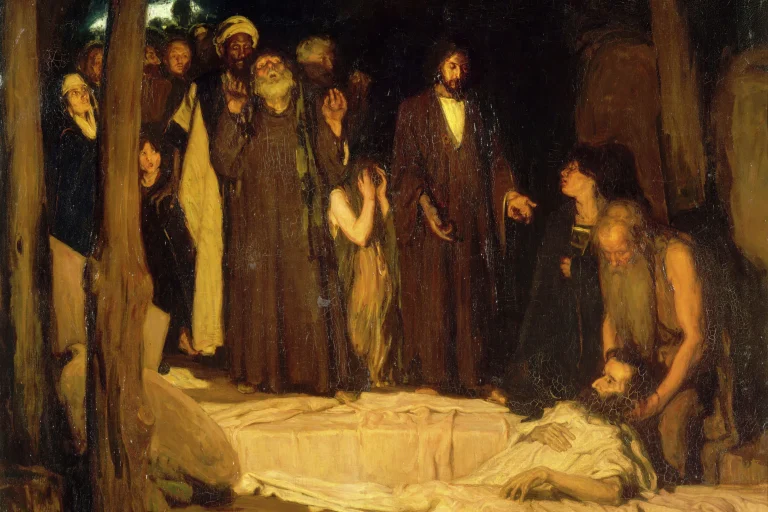 Painting of Jesus standing over the dead Lazarus as he is raised, with a crowd of mourners and onlookers watching in amazement