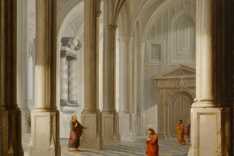 Painting of a vast white church interior with tall columns, where a Pharisee stands praying openly while a tax collector stands humbly apart