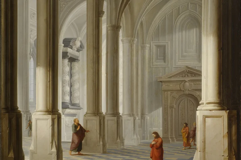 Painting of a vast white church interior with tall columns, where a Pharisee stands praying openly while a tax collector stands humbly apart
