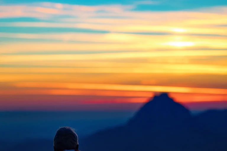 Silhouette of a person sitting alone on a grassy hill at sunrise under a wide blue sky