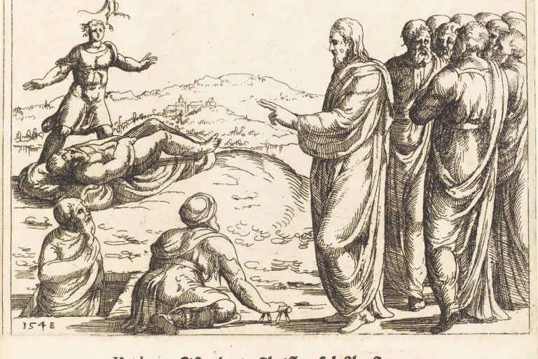 Etching of Jesus healing a blind and mute demon-possessed man while Pharisees watch