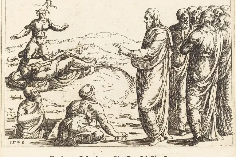 Etching of Jesus healing a blind and mute demon-possessed man while Pharisees watch