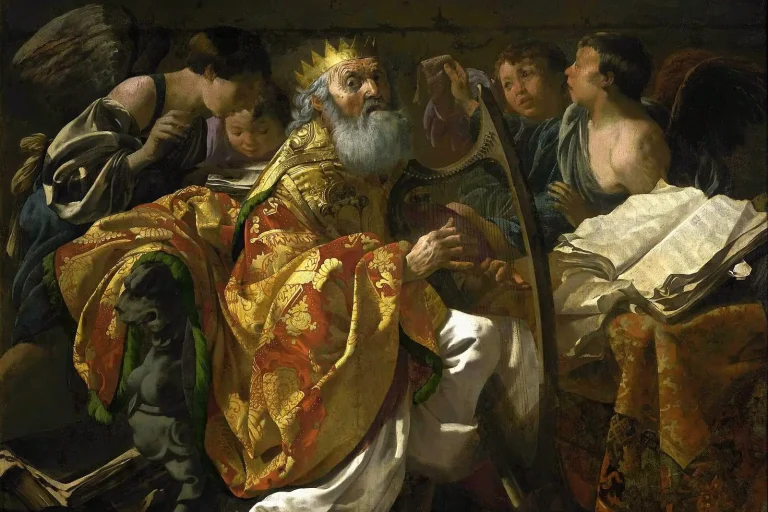Baroque painting of King David with a crown playing a harp, surrounded by singing angels