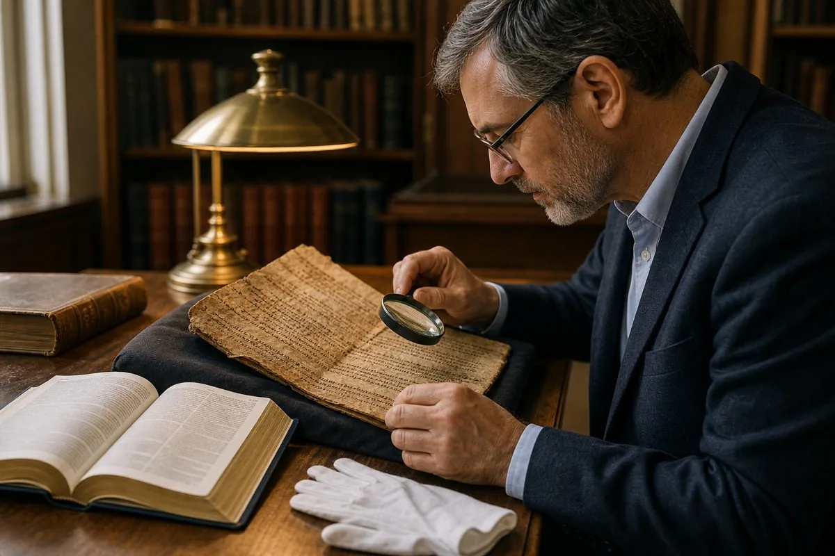 A scholar carefully examining an ancient biblical manuscript beside a modern Bible