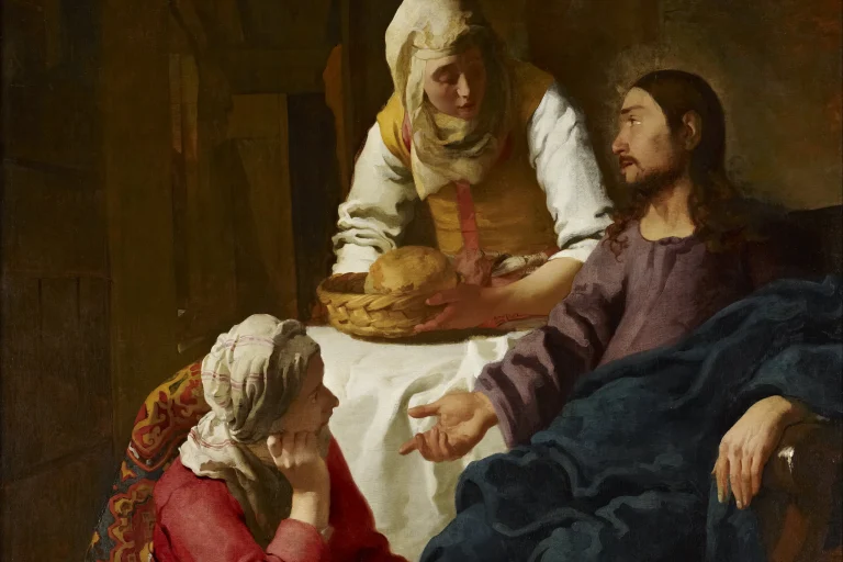 Painting of Jesus seated in a home talking with Mary at His feet while Martha brings bread