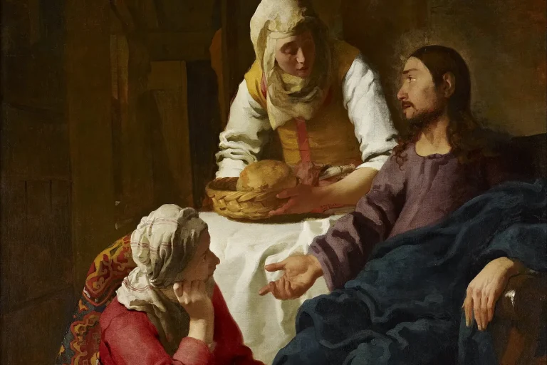 Painting of Jesus seated in a home talking with Mary at His feet while Martha brings bread